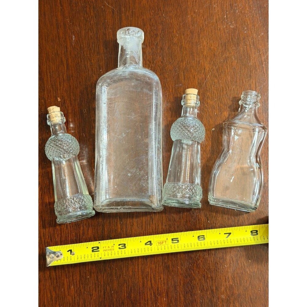 Set Of 4 Vintage Clear Glass Bottles With Corks & Unique Shapes For Decor Or Sto